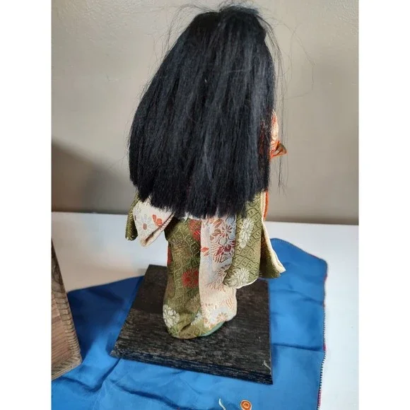 Vintage Japanese Geisha Doll w Kimono and Drum w/ Wood Base